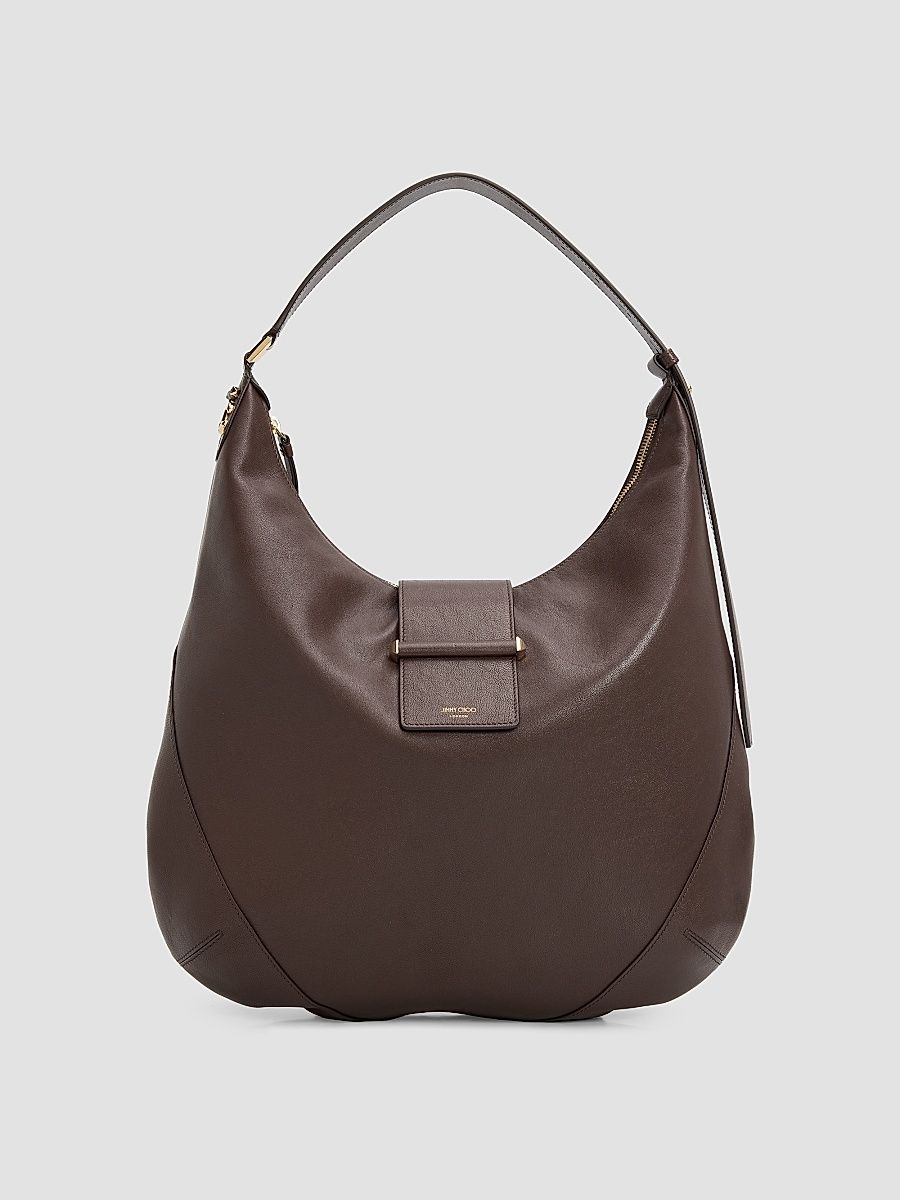 Women's Bar Medium Leather Hobo Bag - Chocolate Shiny Gold