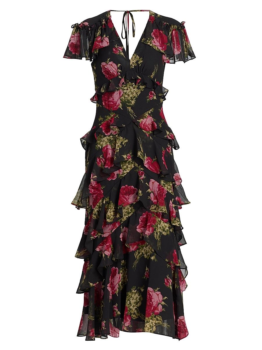 Women's Tatum Baroque Roses Ruffle Midi-Dress - Obsidian Multi - Size 8