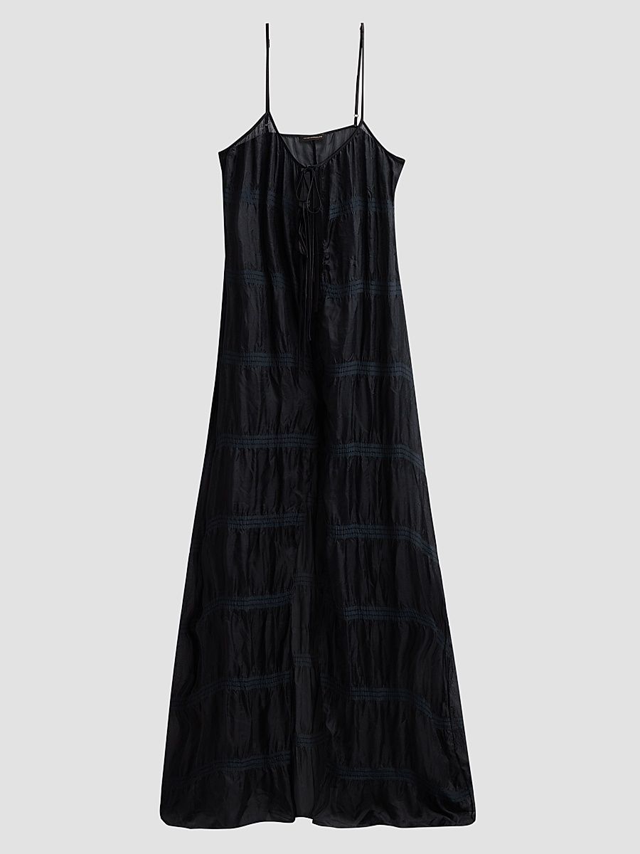 Women's Smocked Silk Tie Maxi Gown - Black - Size Large