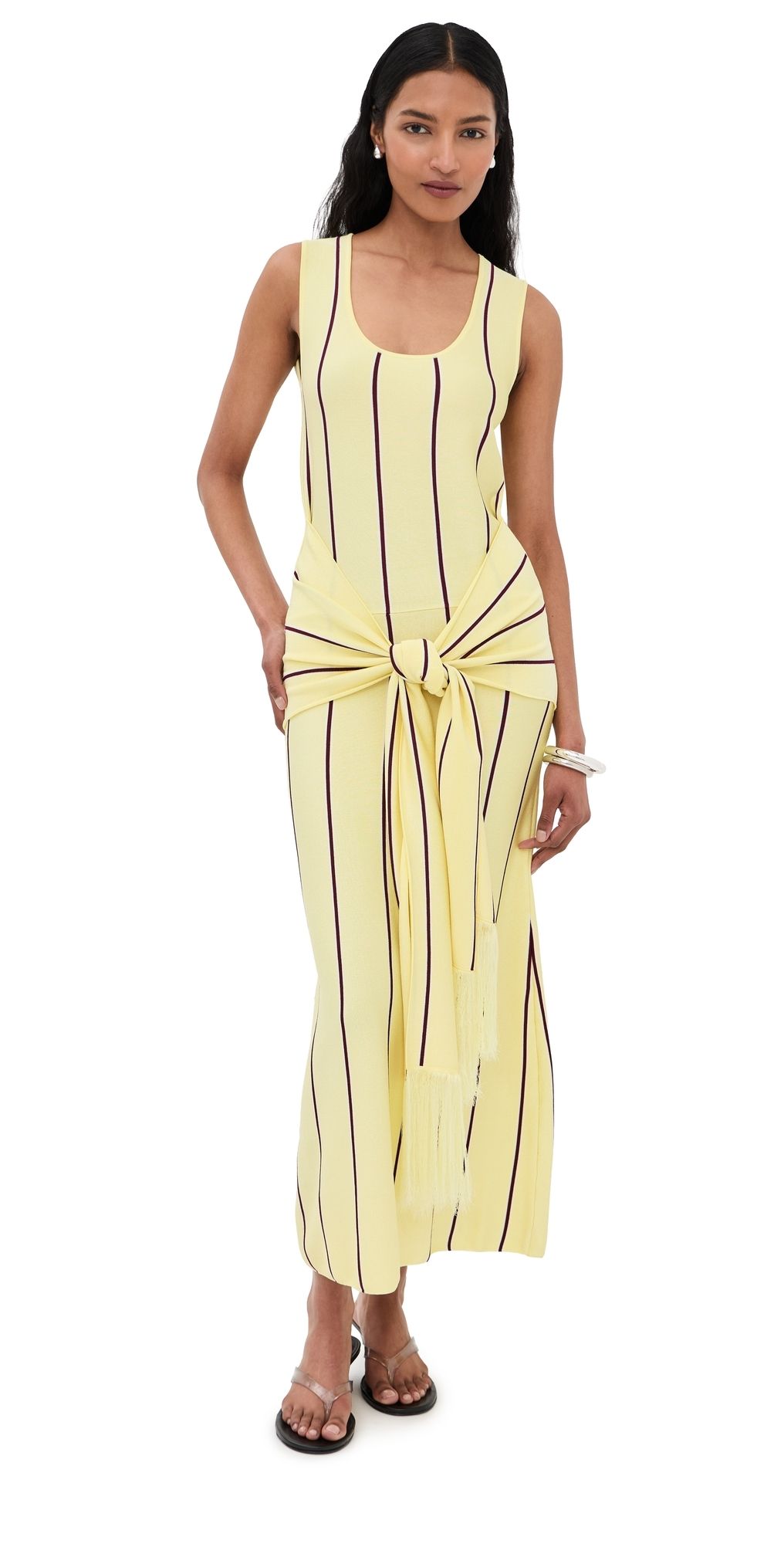3.1 Phillip Lim Striped Midi Tank Dress with Fringe Waist Tie Yuzu Multi M