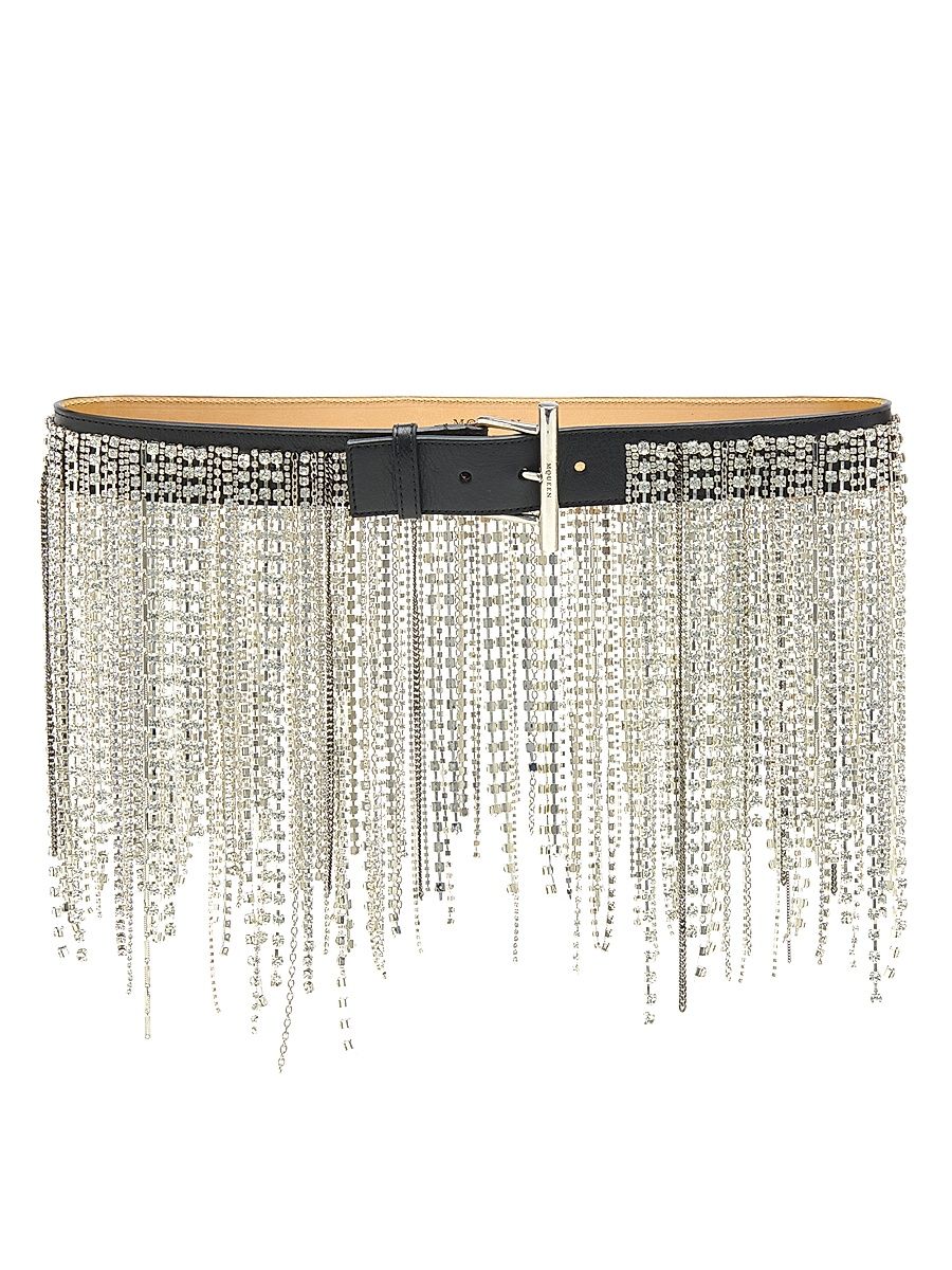 Women's T-Bar Crystal-Embellished Leather Belt - Black And Silver - Size Large