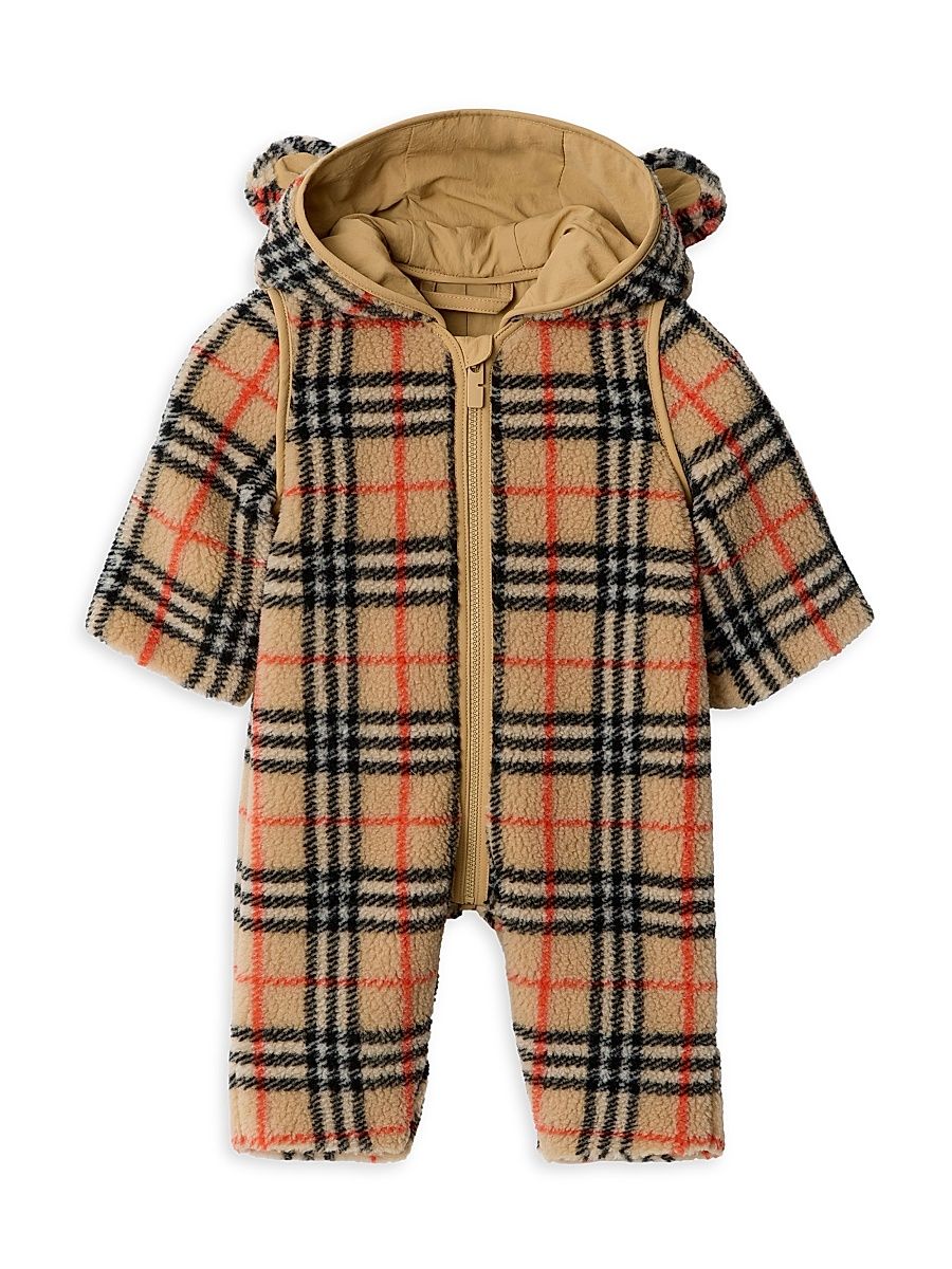 Baby's Madison Check Fleece Hooded Jumpsuit - Sand - Size 9 Months