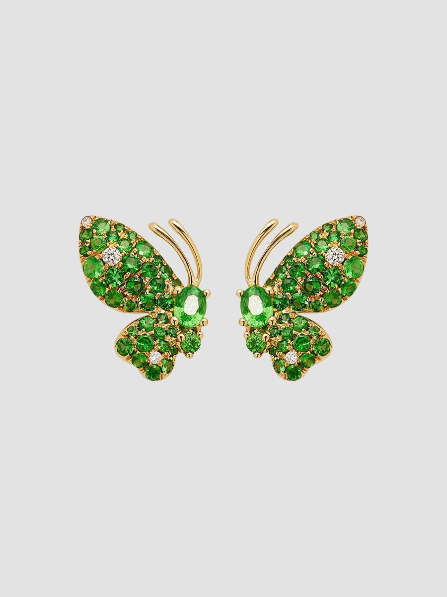 Women's Butterfly 18K Yellow Gold, Green Garnet & 0.06 TCW Diamond Stud Earrings - Green