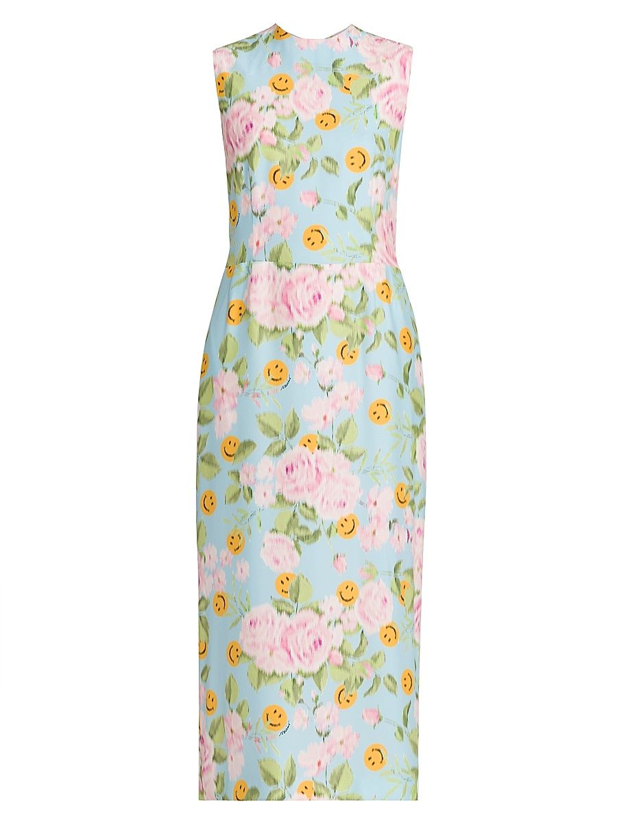 Women's Smiley And Flower Print Silk Midi-Dress - Multi Light Blue - Size 10