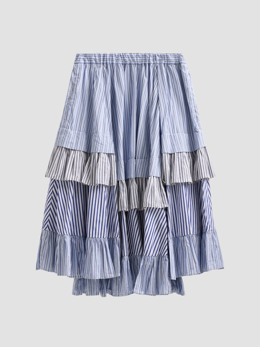 Women's Draped Striped Cotton Skirt - Blue White - Size XS