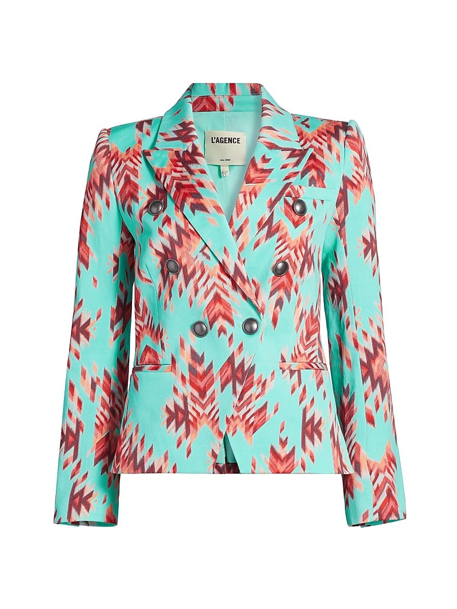 Women's Marie Printed Double-Breasted Blazer - Pool Blue Multi Ganado Print - Size 4