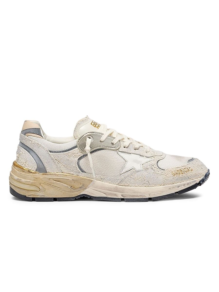 Men's Distressed Mesh-Leather Low-Top Running Sneakers - White Silver - Size 14