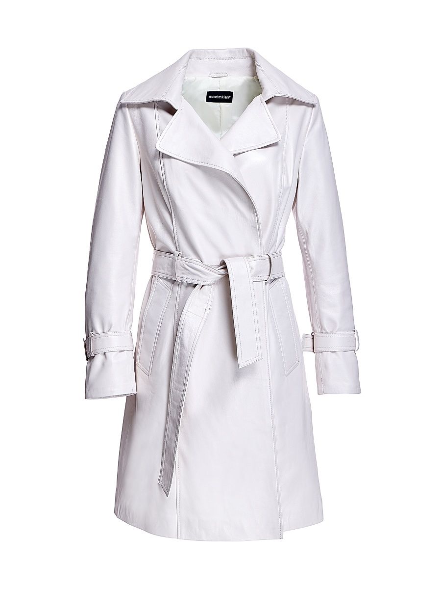 Women's Leather Belted Trenchcoat - Shine Blush White - Size Small