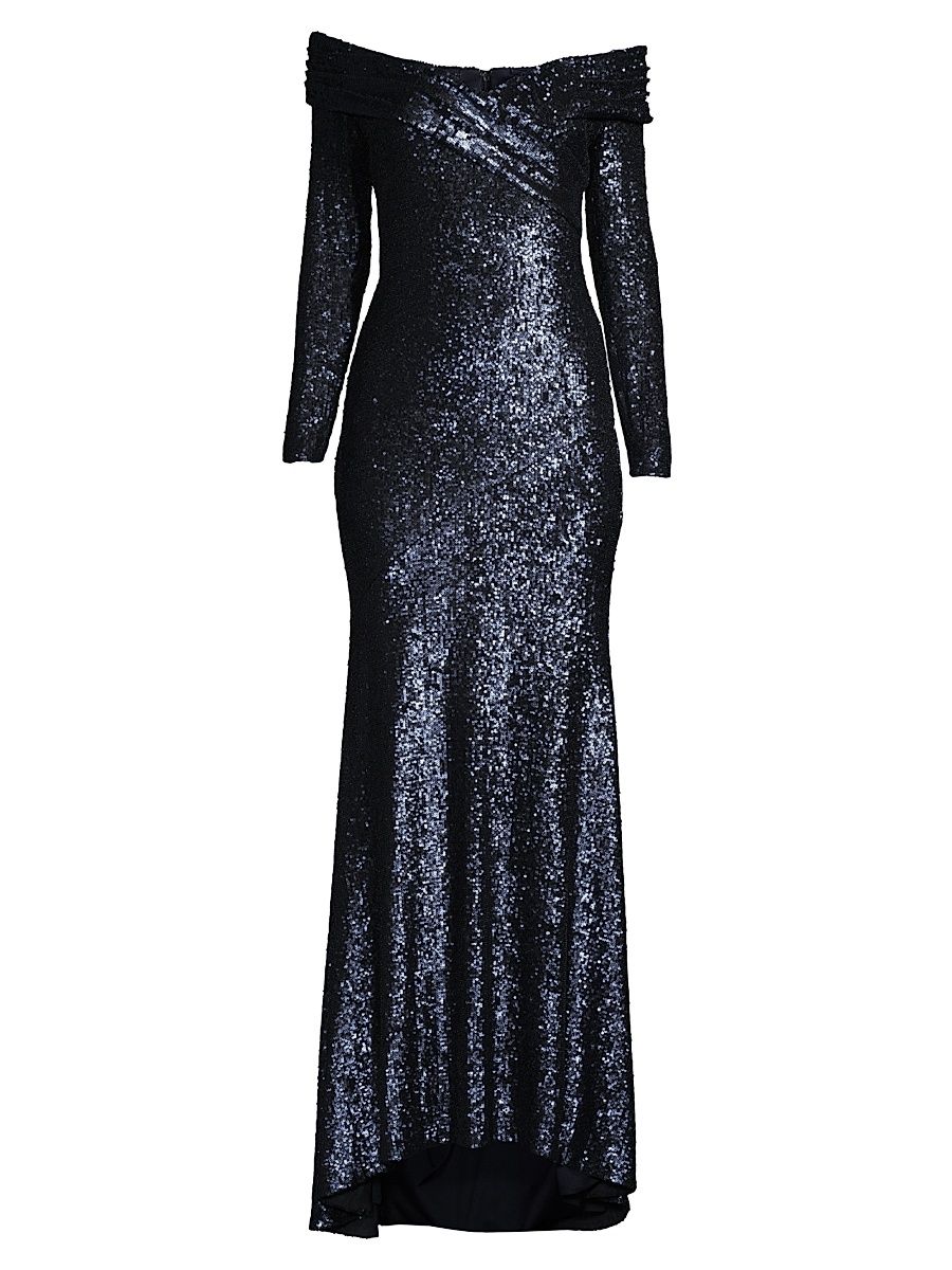 Women's Social Signature Off-The-Shoulder Sequin Gown - Navy - Size 0