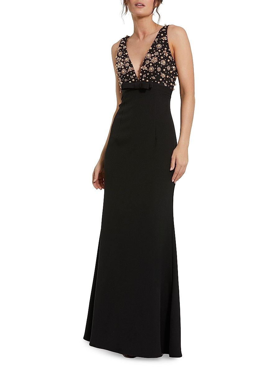 Women's Crêpe Floral Beaded Bow A-Line Gown - Black - Size 6