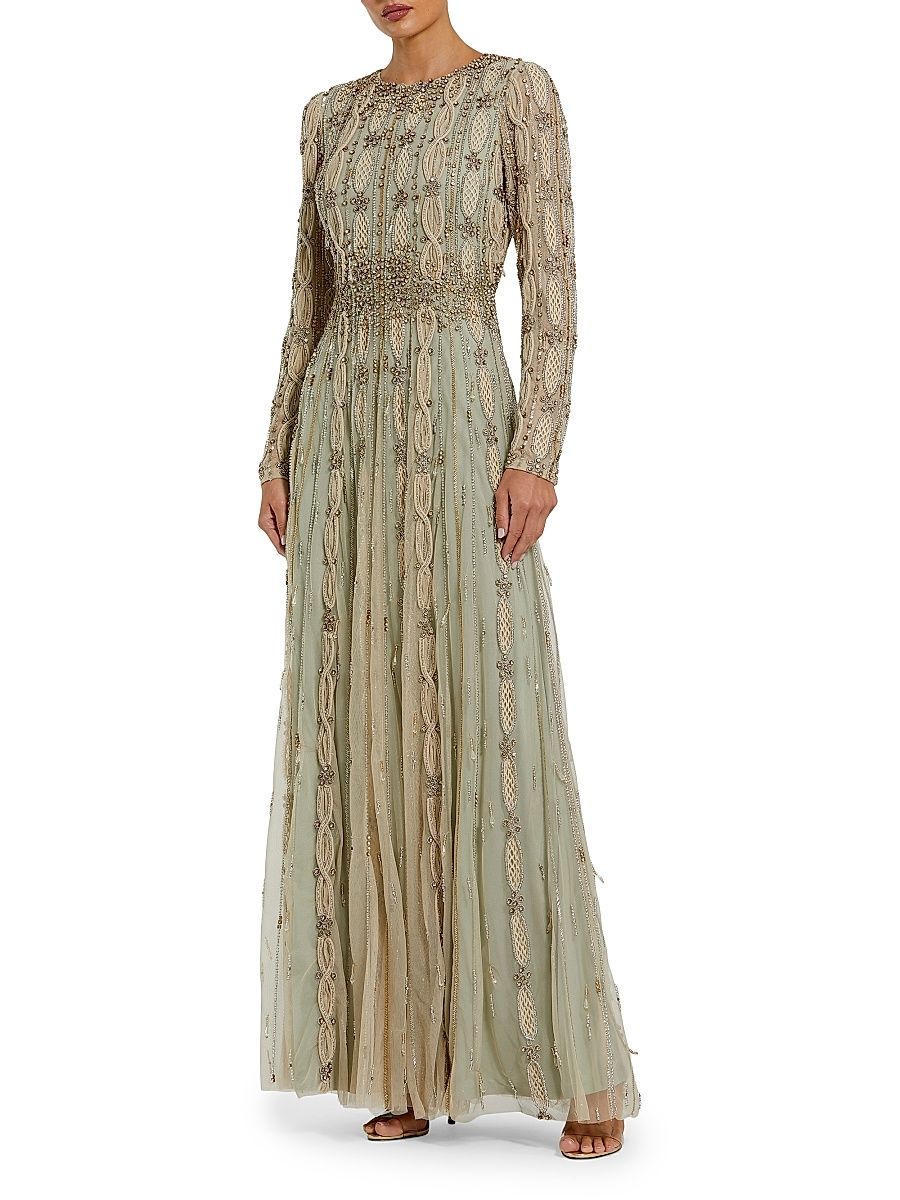 Women's Embellished Tulle Round-Neck Gown - Beige Sage - Size 18