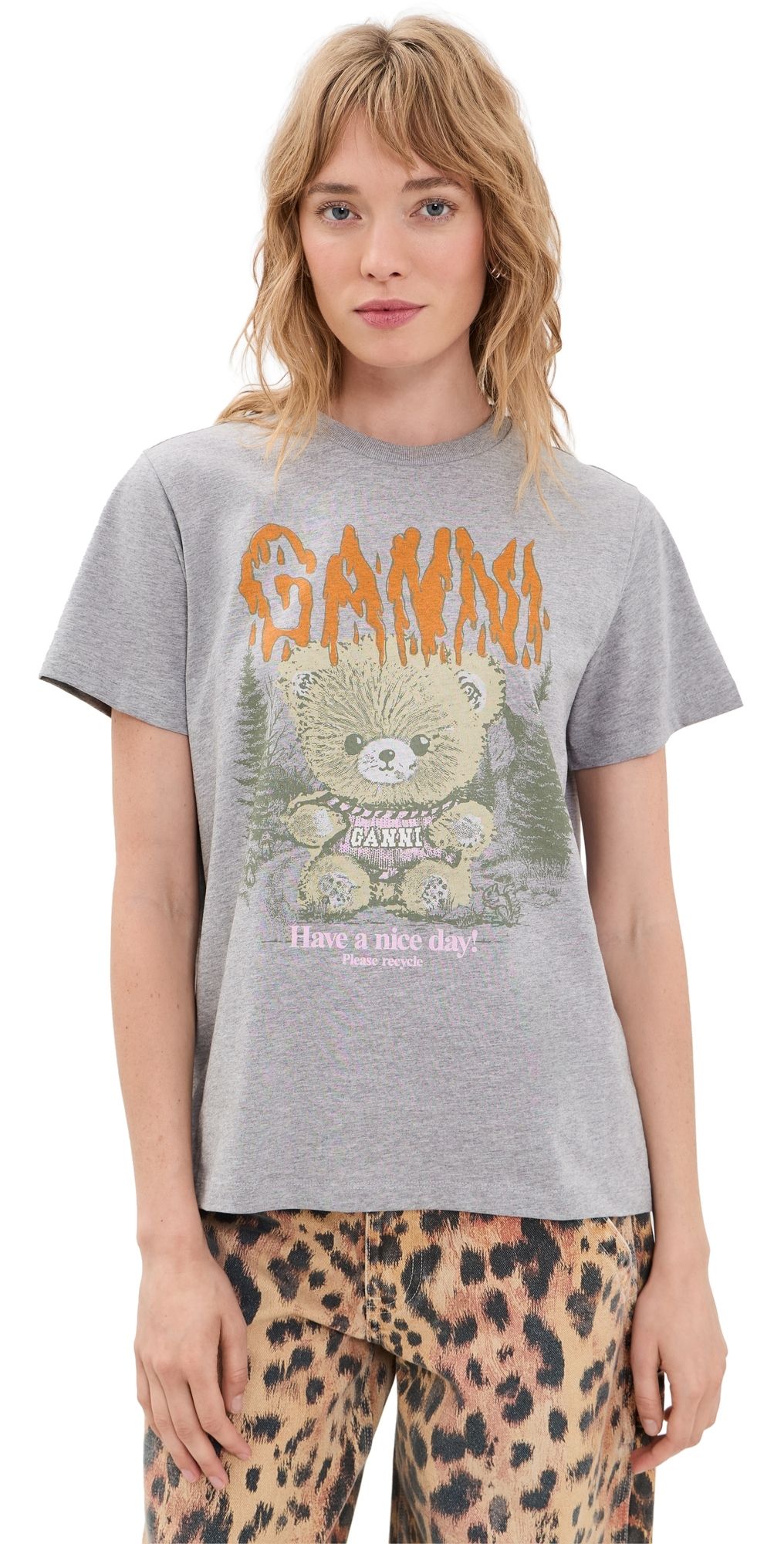 GANNI Basic Cotton Relaxed Teddy Forest T-shirt Paloma XS