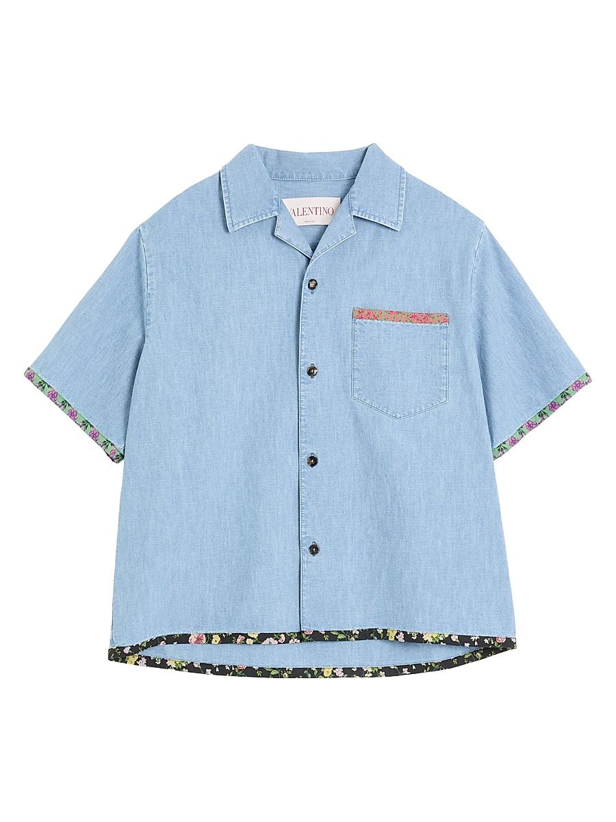 Men's Denim Bowling Shirt with Floral Print Trim - Denim - Size 42