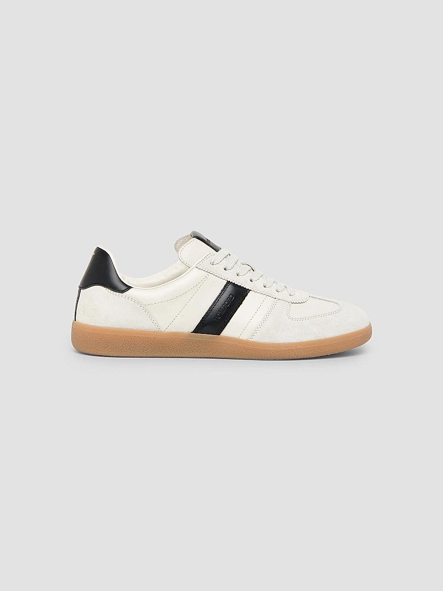 TOM FORD Men's T-Bar Leather & Suede Low-Top Sneakers - White Black Amber - Size 11.5