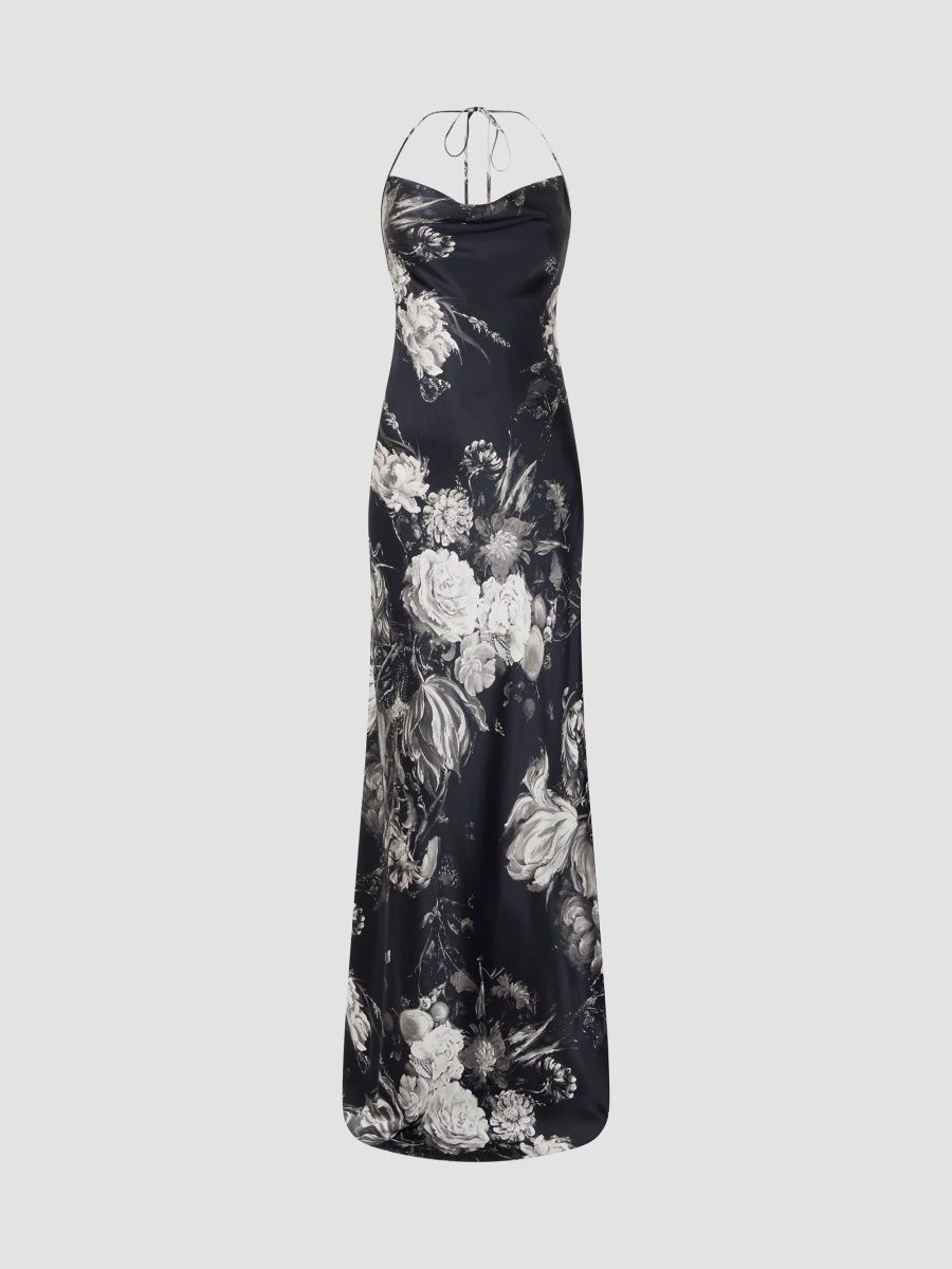 Roberto Cavalli Women's Floral Silk Maxi Dress - Black Grey - Size 14