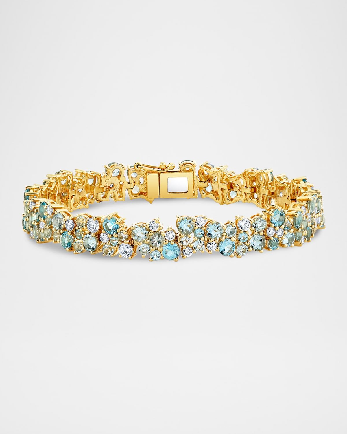 14K Gold Diamond, Blue Topaz and Aquamarine Wide Cocktail Bracelet