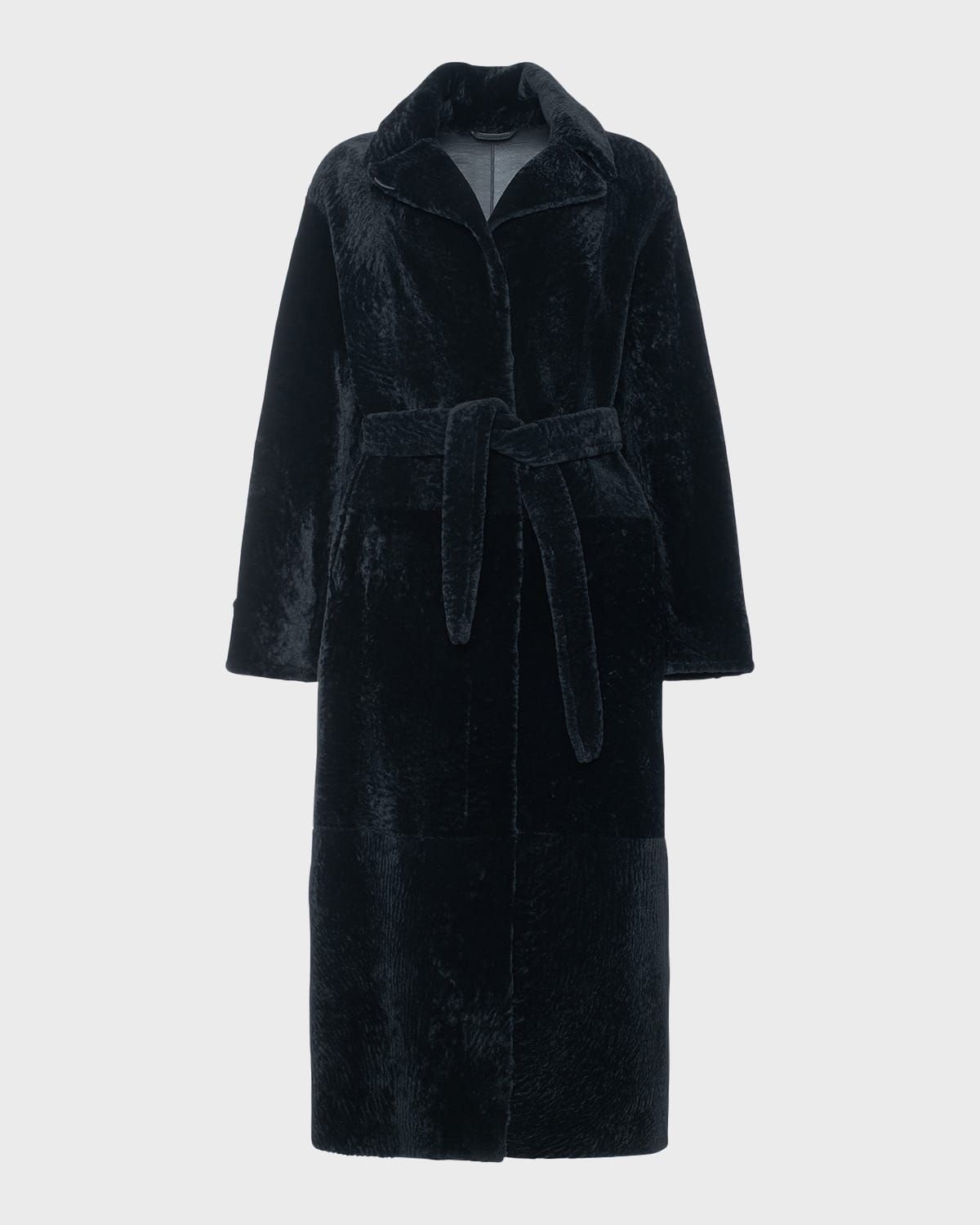 Reversible Shearling Lamb Belted Long Coat With Side Slits