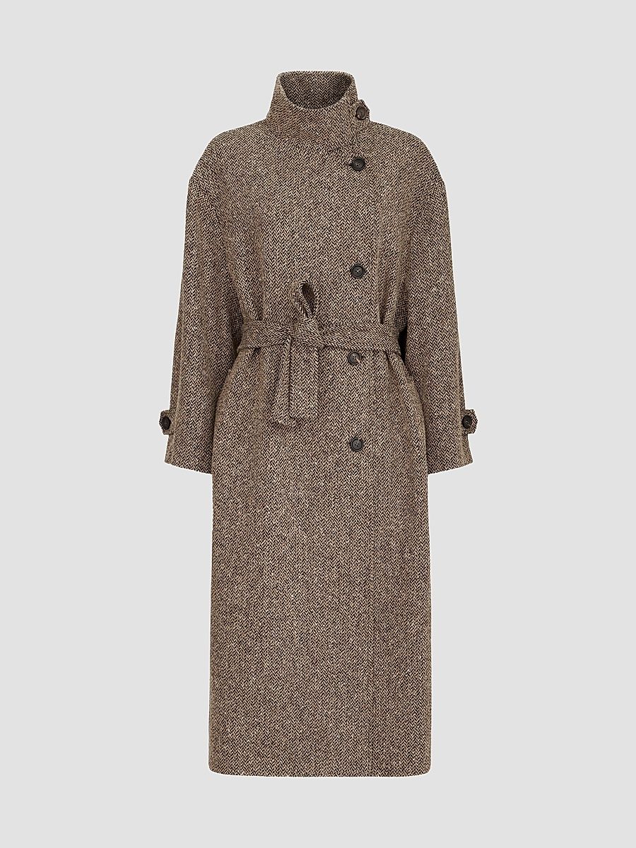 Women's Sparkling Virgin Wool Chevron Belted Coat - Light Brown - Size 4