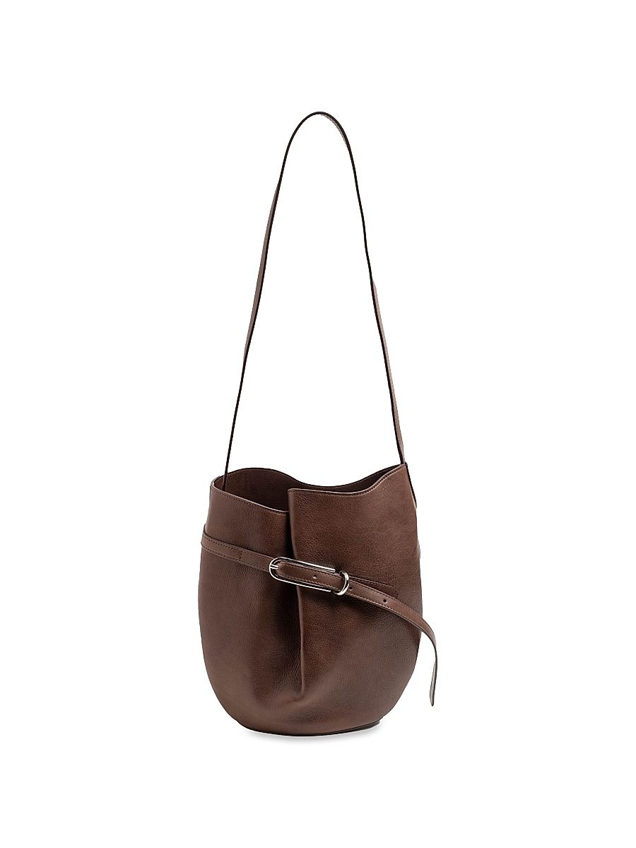 Women's Belted Leather Bucket Bag - Dark Brown