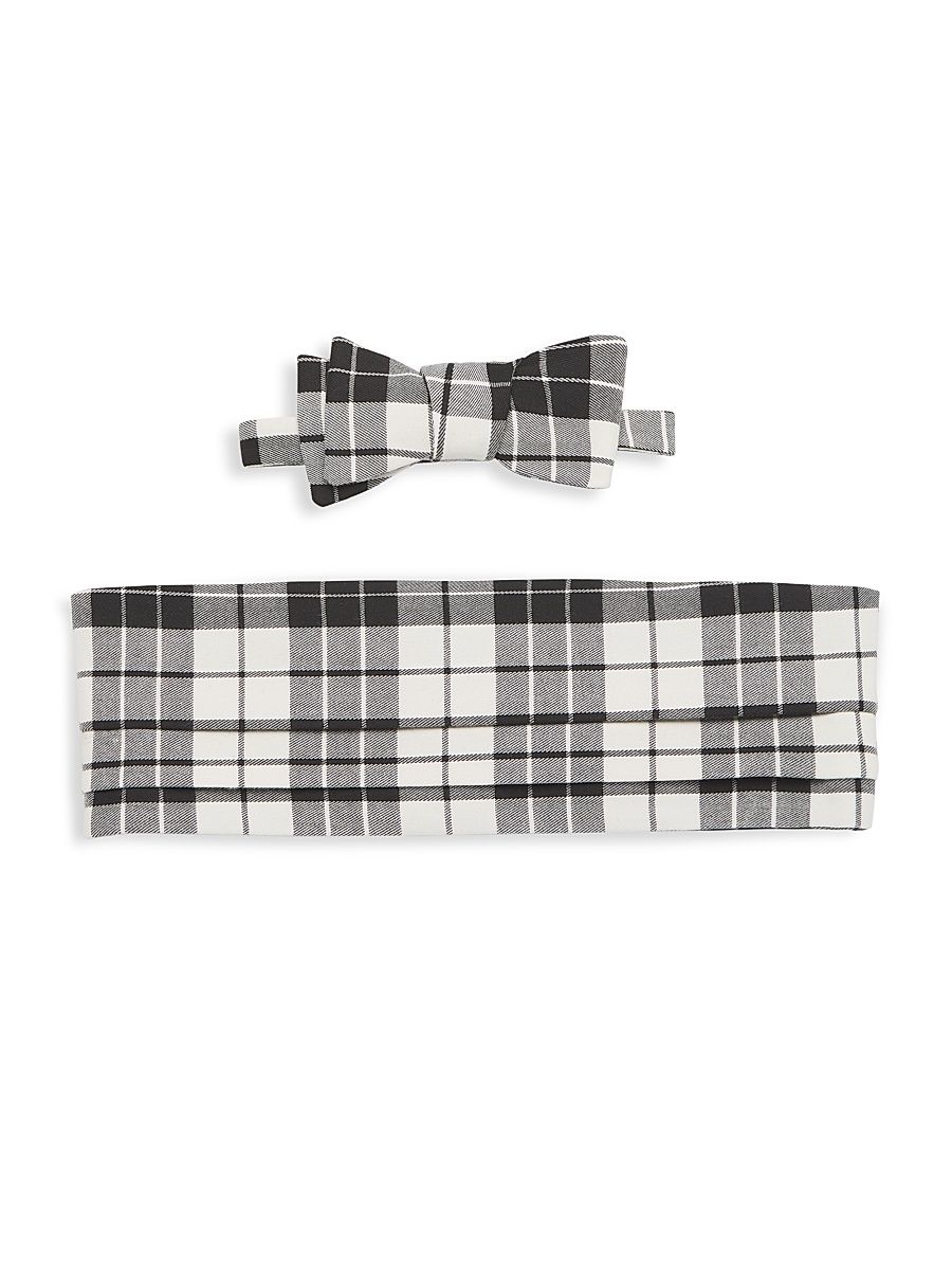 Men's Plaid Wool Bow Tie & Cummerbund Set - Black White