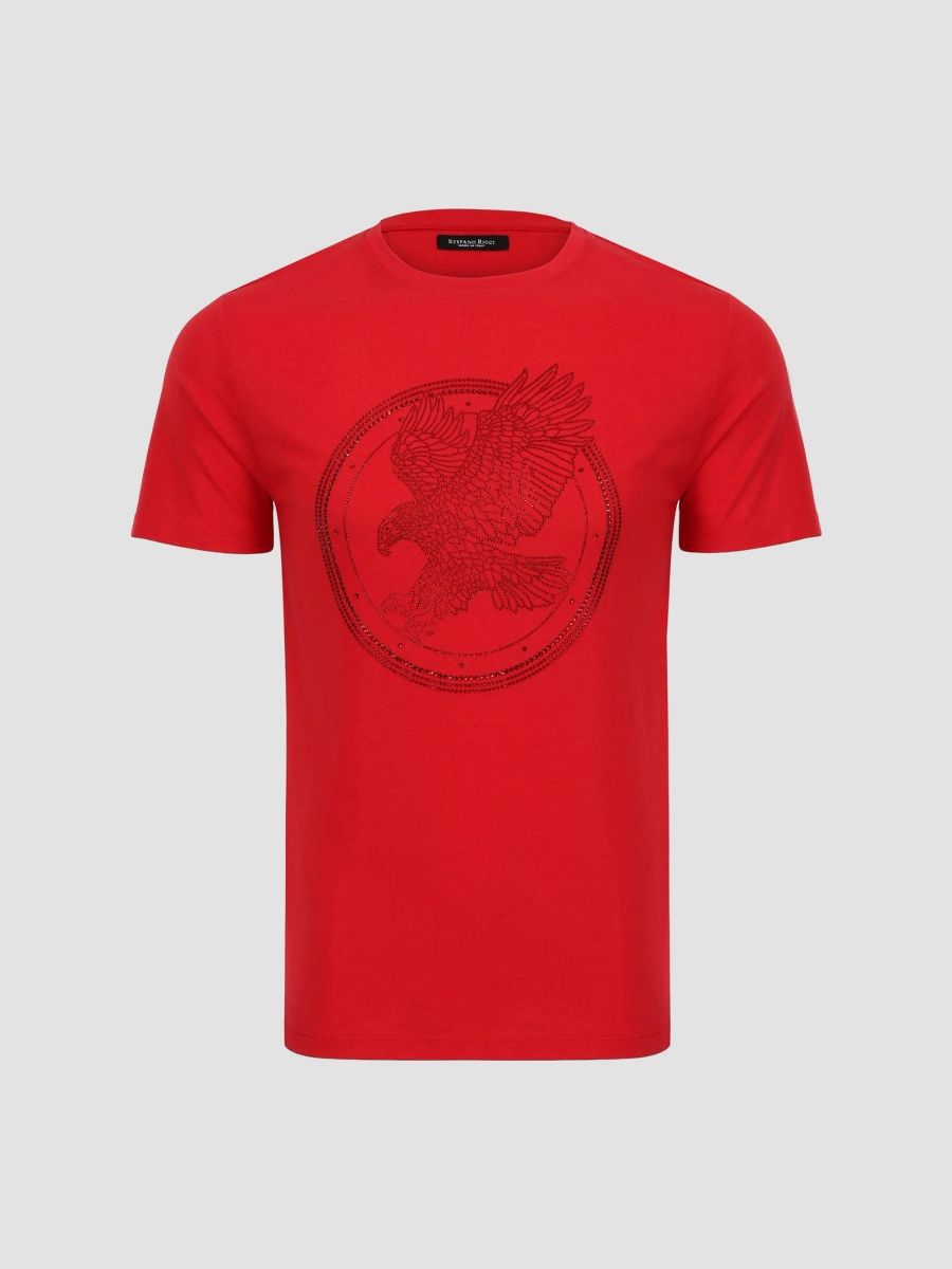Stefano Ricci Men's Swarovski Crystal Eagle Logo T-Shirt - Spy Red - Size Medium