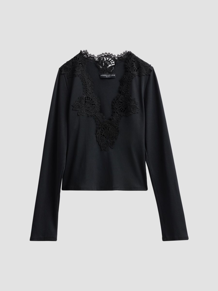 Generation Love Women's Lady Lace Ribbed Top - Black - Size XL