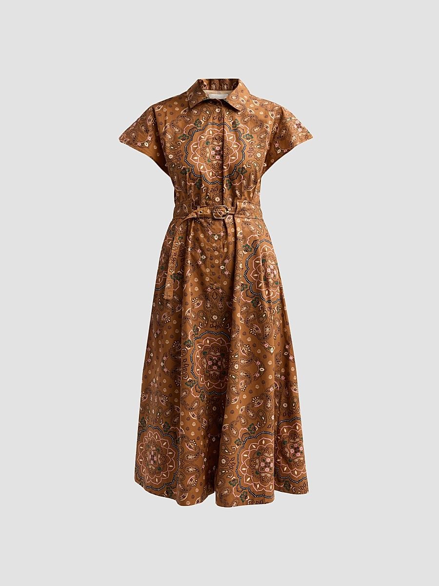 Women's Sawyer Floral Cotton Poplin Midi Shirtdress - Bandana Camel - Size 12
