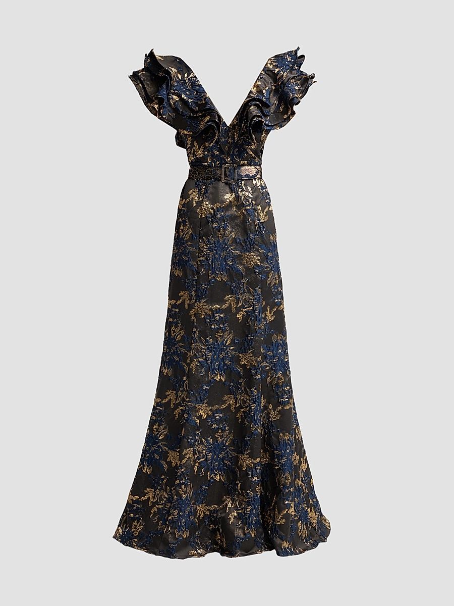 Badgley Mischka Women's Jacqaurd Ruffle-Sleeve Mermaid Gown - Navy Multi - Size 16