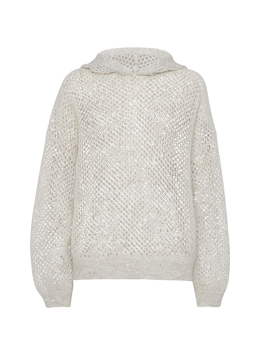 Women's Mohair, Cotton and Wool Dazzling Mesh Hooded Knit Sweatshirt - Pebble - Size XXXL
