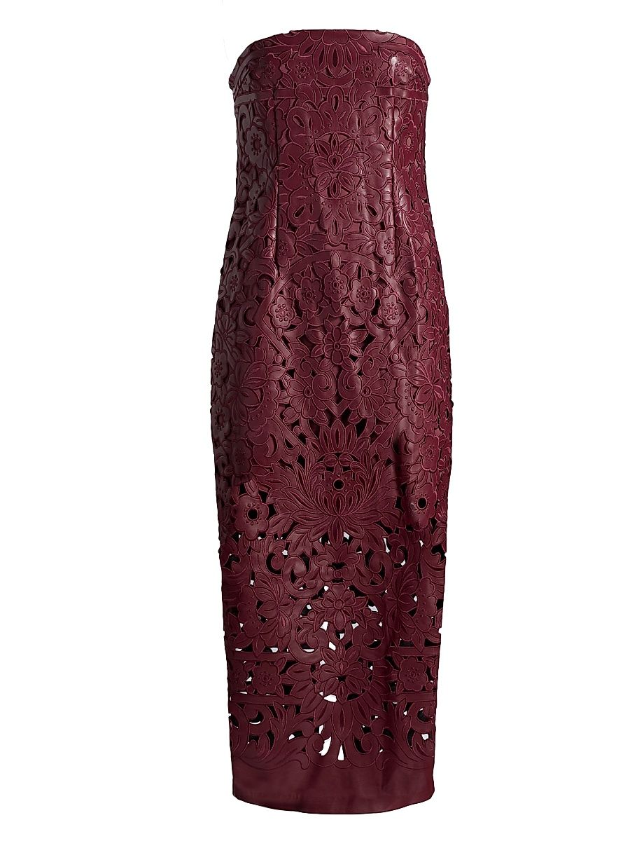 Women's Raylene Floral Laser-Cut Faux-Leather Strapless Midi-Dress - Chianti - Size 6