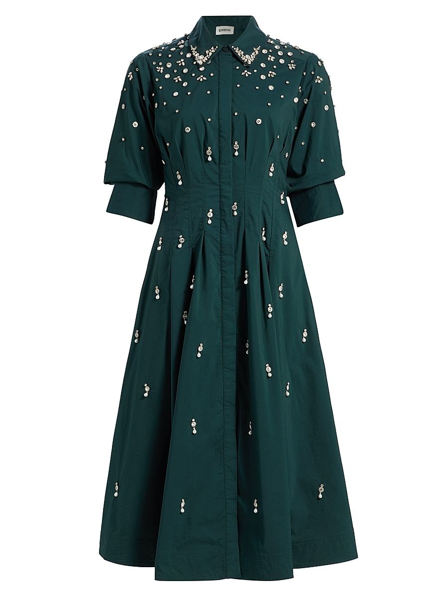 Women's Jazz Embellished Cotton-Blend Midi-Shirtdress - Emerald - Size XS