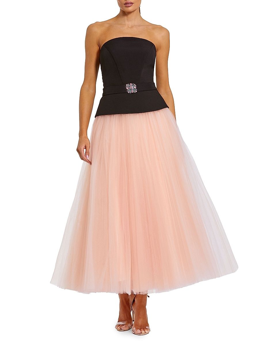 Women's Crepe Tulle Fit-&-Flare Midi-Dress - Black Pink - Size 14