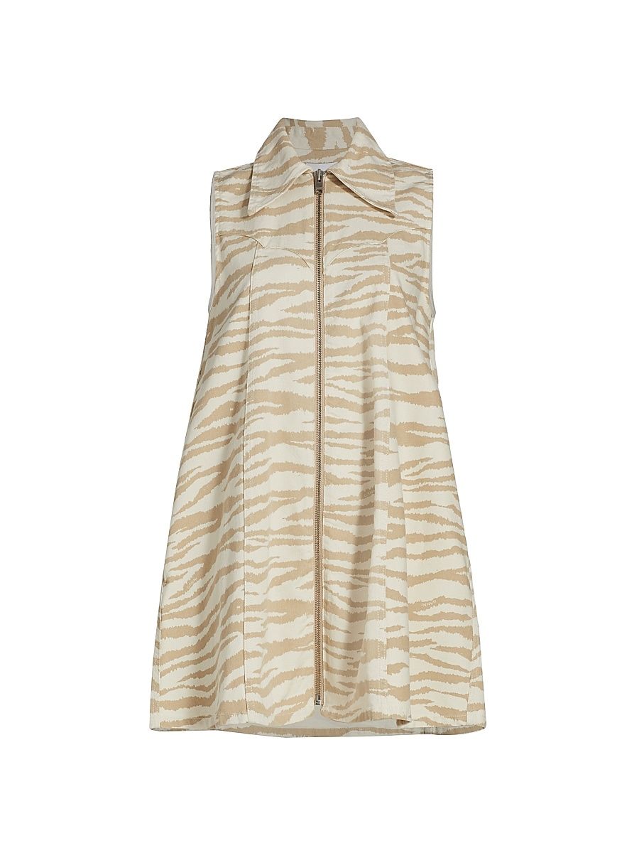 Women's Zebra-Print Denim Minidress - Pale Khaki - Size 10