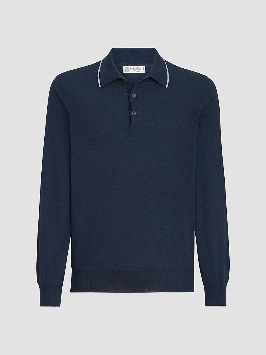 Men's Sea Island Cotton and Cashmere Lightweight Knit Polo Shirt - Avio Blue - Size 48