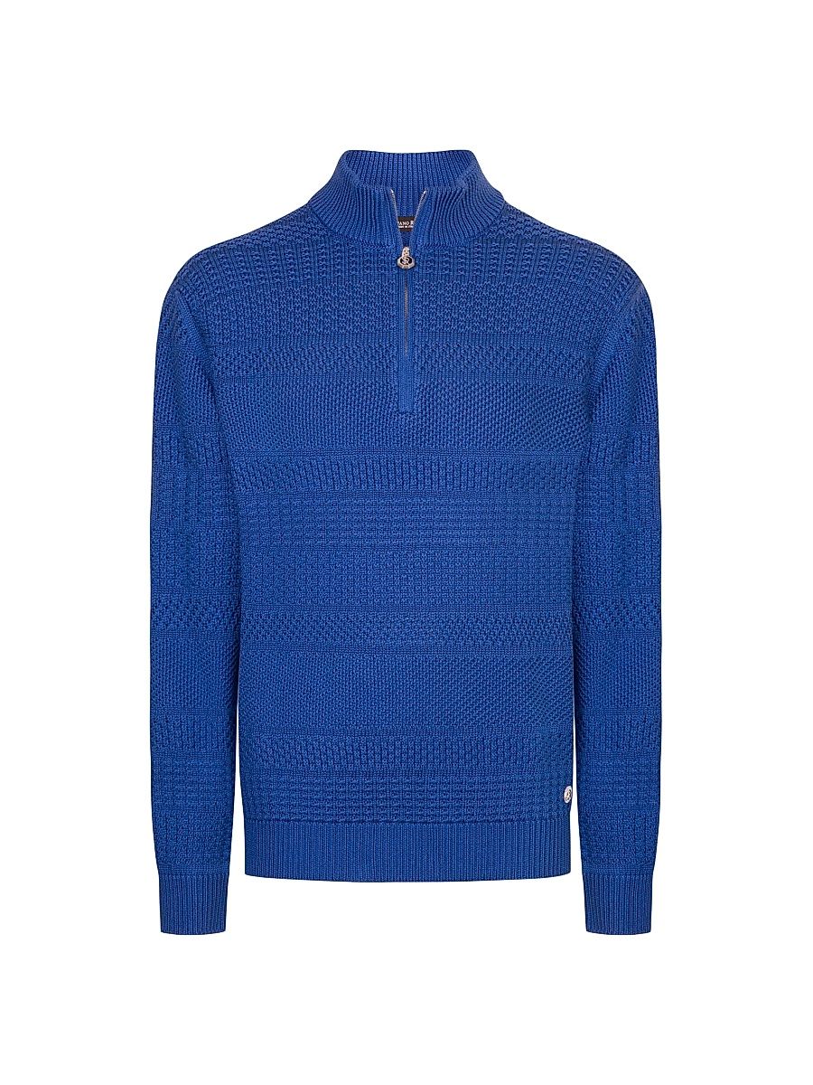 Men's Silk and Cotton Knit Mockneck Sweater - Blue - Size 48