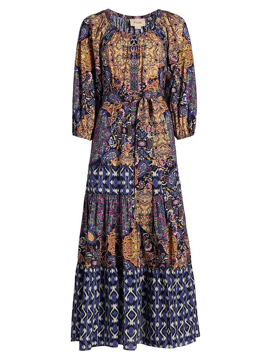 Women's Johanna Multi-Print Cotton Maxi Dress - Kaleidoscope Paisley Blue - Size XL