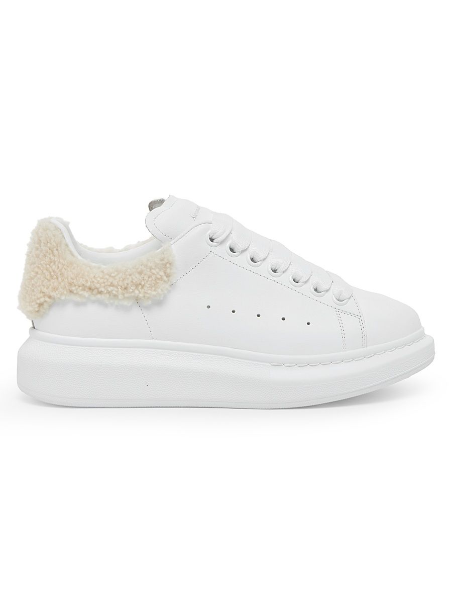 Women's Leather & Shearling Low-Top Sneakers - White Beige - Size 9.5