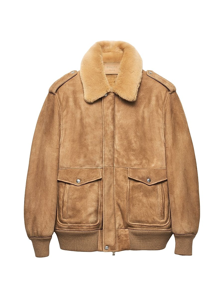 Men's Suede and Shearling Bomber Jacket - Beige Khaki - Size 46