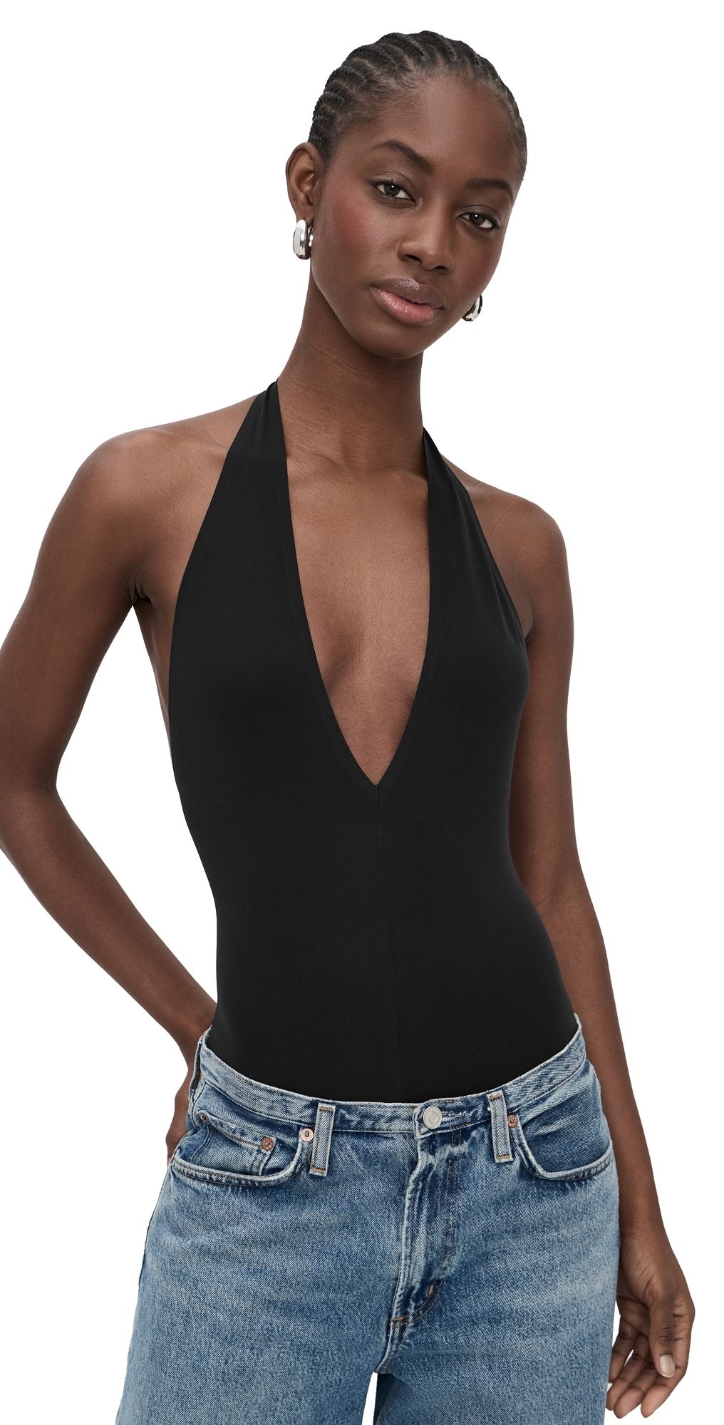 Commando Ballet Deep Plunge Halter Thong Bodysuit Black One Size