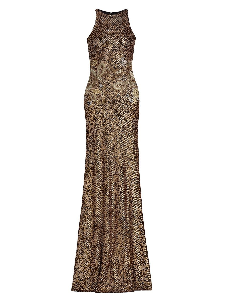 Women's Floral-Appliquéd Stretch-Sequined Halterneck Gown - Gold - Size 4