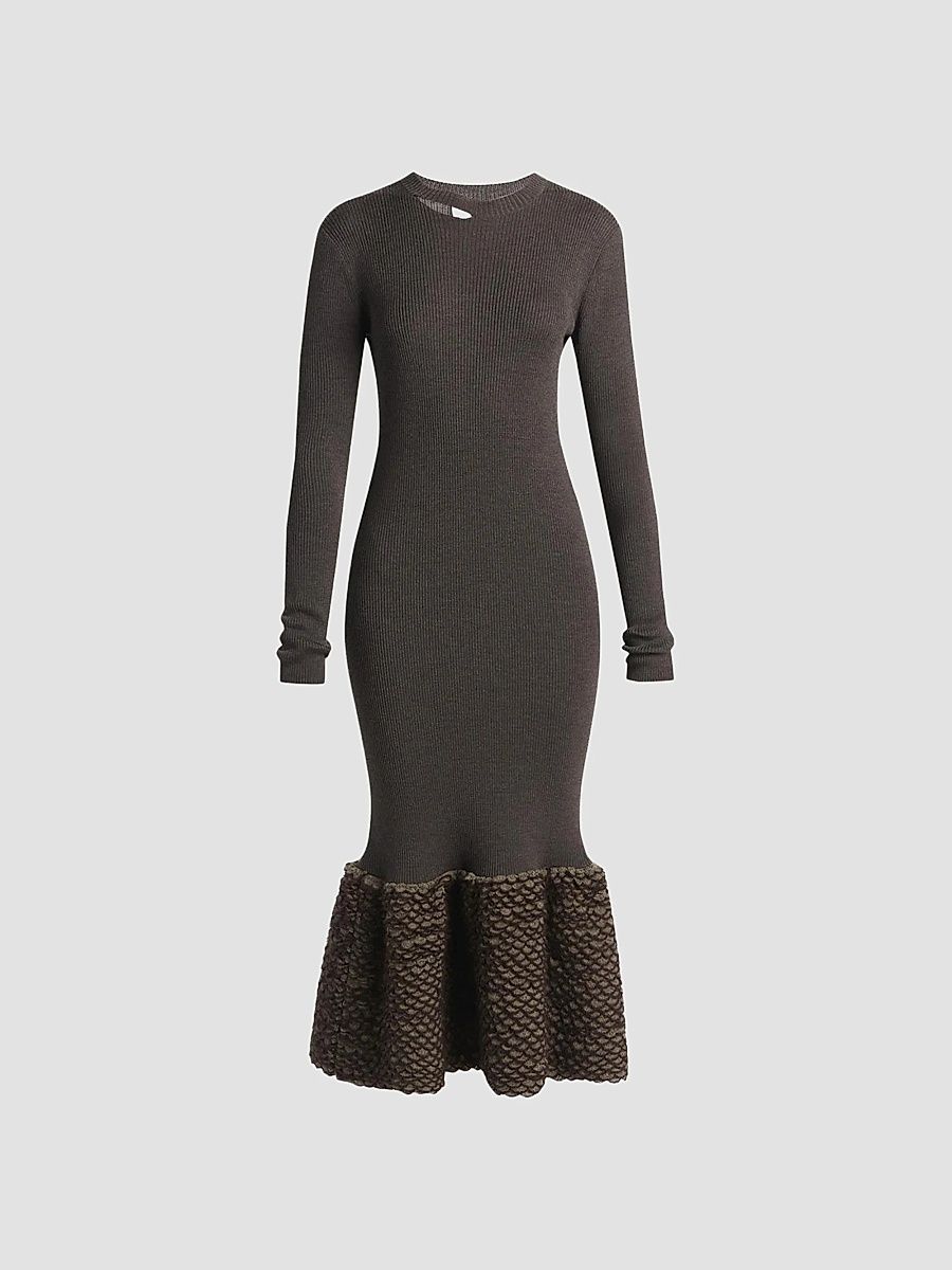 Women's Wool Knit Scallop Midi Dress - Brown - Size 10
