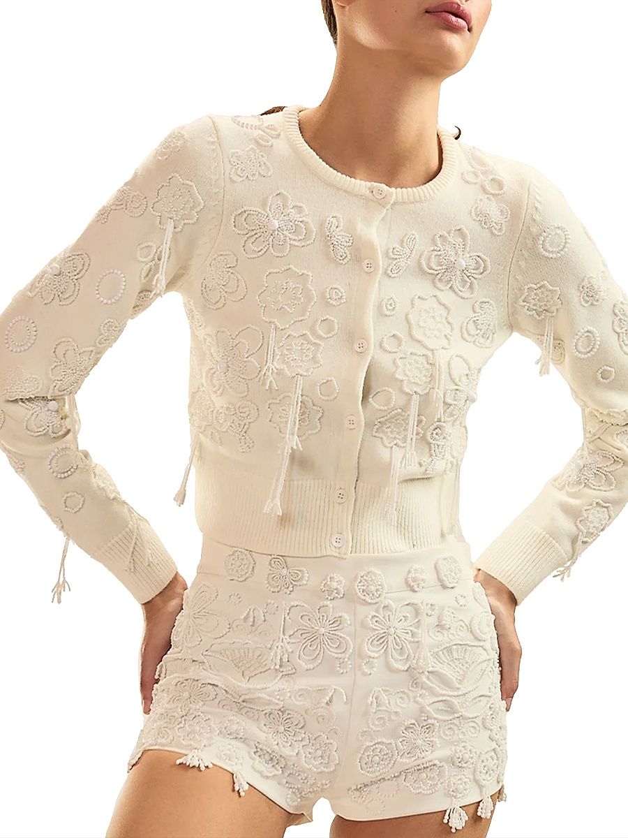 Women's Paloma Beaded Shrunken Cardigan - White - Size XS