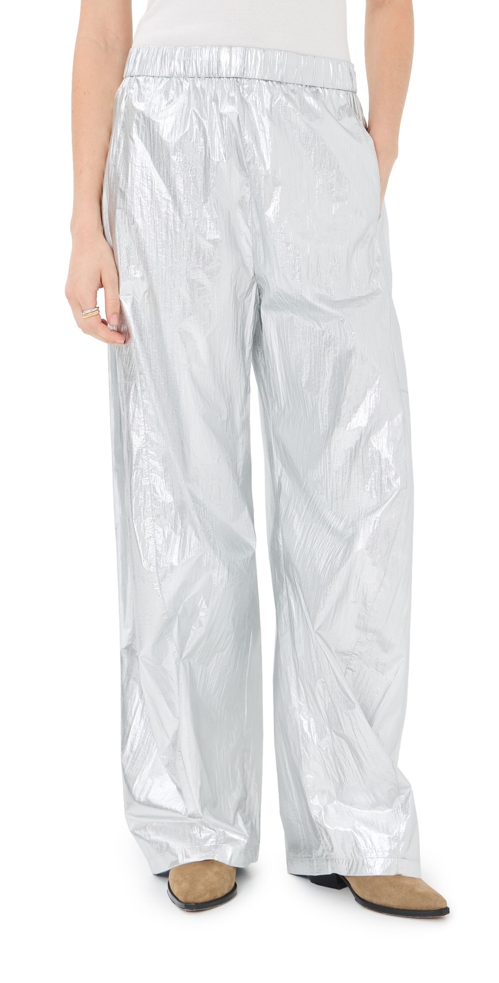 Tibi Silver Metallic Nylon Winslow Pants Silver M