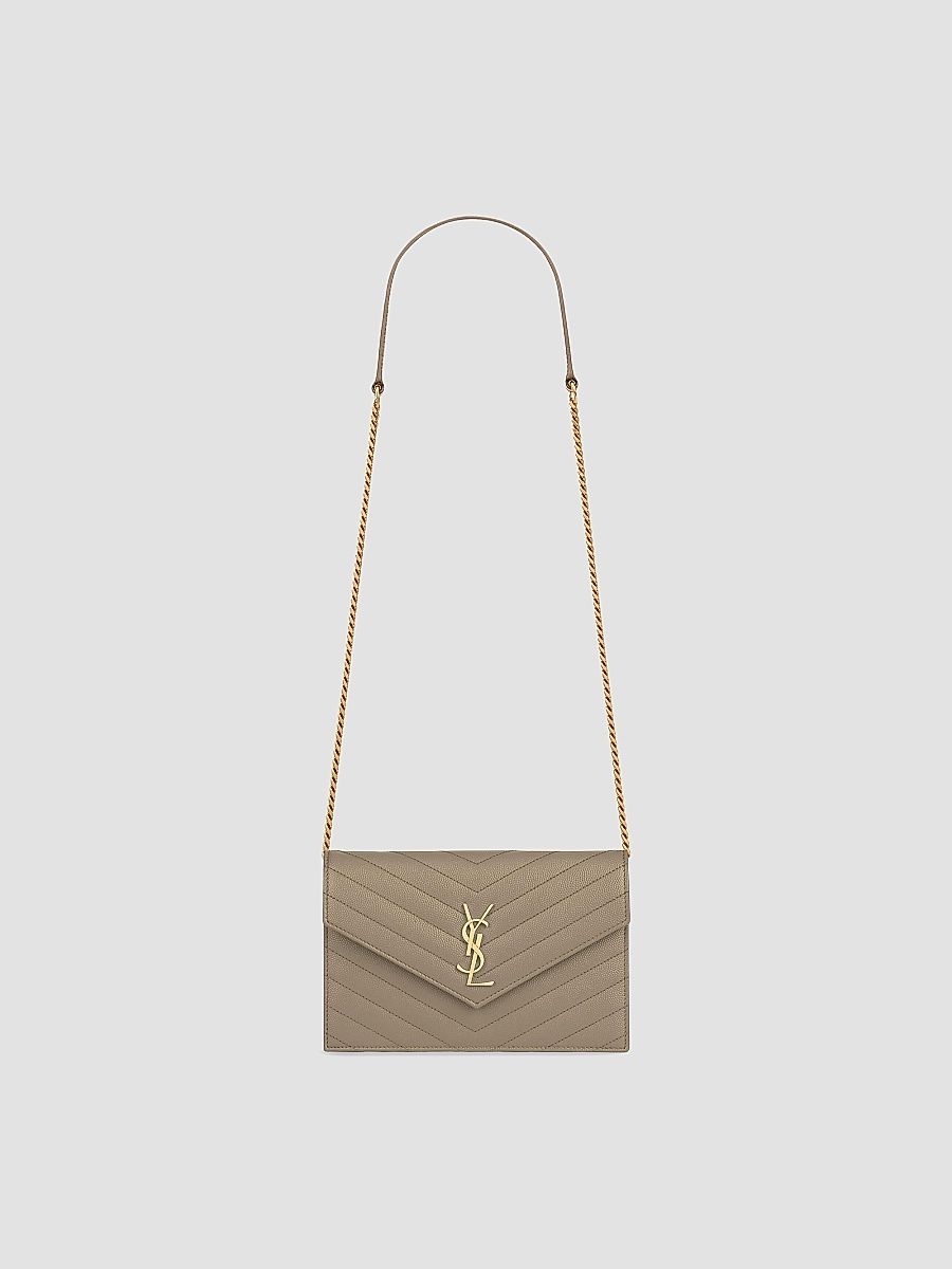 Saint Laurent Women's Cassandre Envelope Chain Wallet in Grain De Poudre Leather - Light Taupe