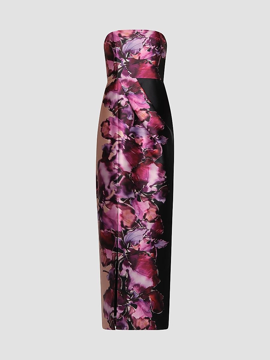 Women's Alana Floral Mikado Column Gown - Black Multi - Size 0