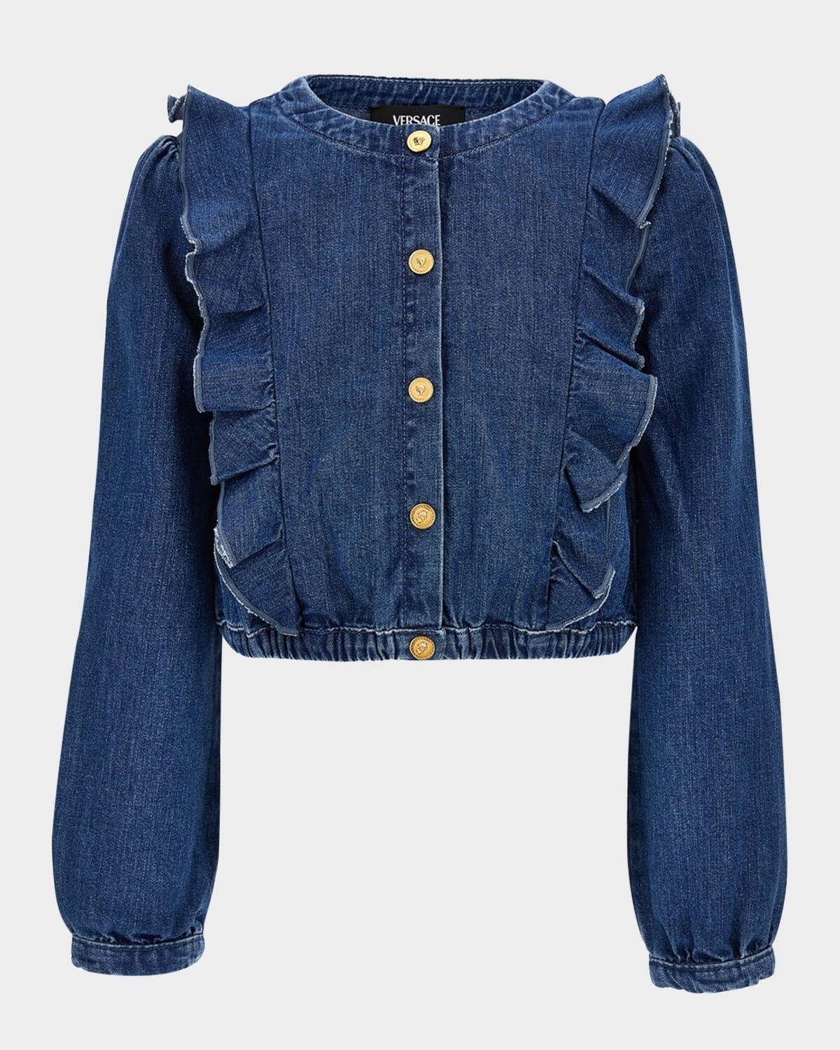 Girl & apos;s Washed Denim Ruffled Button-Front Shirt, Size 6-14