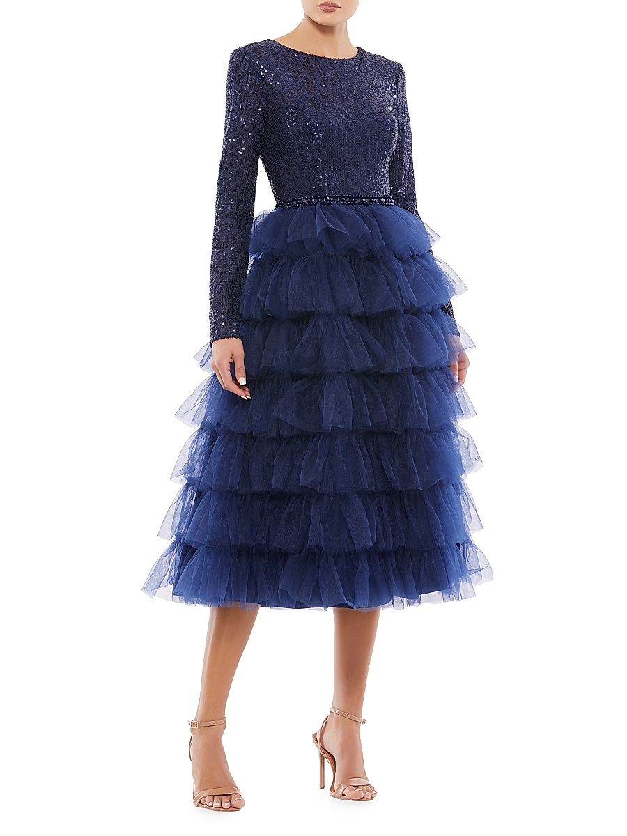 Women's Sequined Tea-Length Dress - Midnight - Size 16