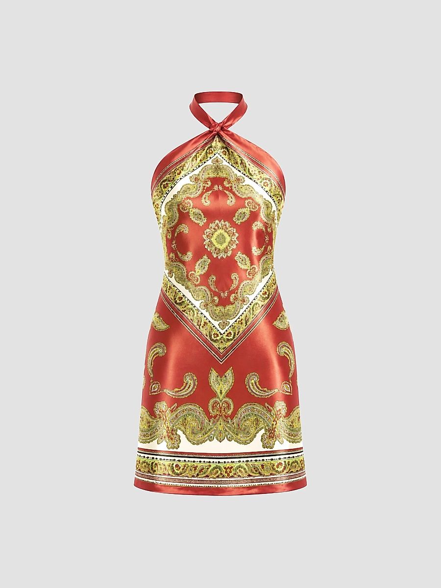 Women's Adelaide Silk Halter Mini Dress - Rust Paisley - Size XL