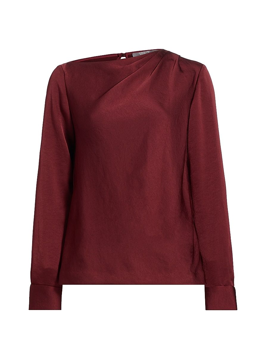 Women's Satin Asymmetric Gathered Blouse - Bordeaux - Size 10