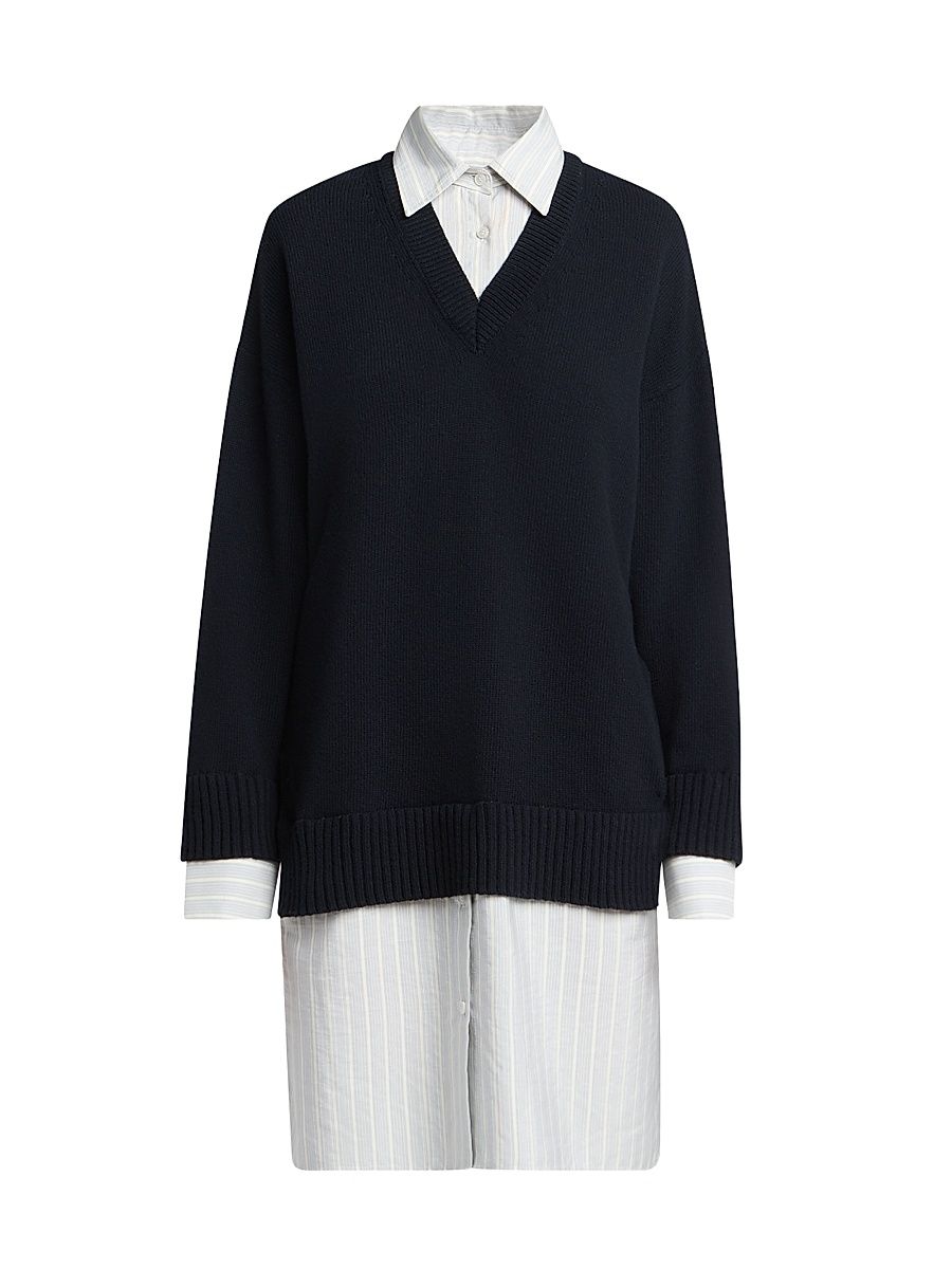 Women's Striped Layered Shirtdress - Navy - Size Medium